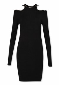 Robe moulante noire à manches longues avec découpes épaules dénudées et petits clous argentés bordant l'encolure et les bords des épaules.