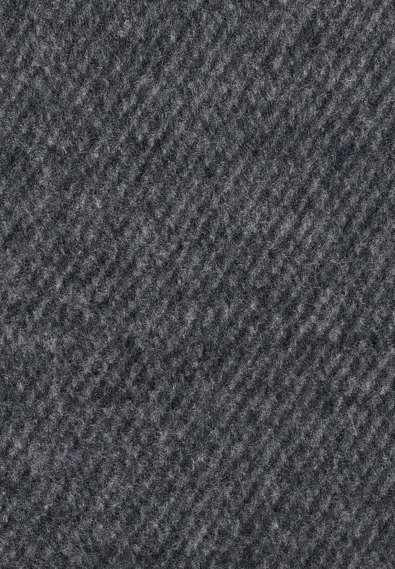 Tessuto a spina di pesce grigio scuro con una superficie morbida, leggermente texture, caratterizzato da una sottile mescolanza di fibre grigie più chiare intrecciate.