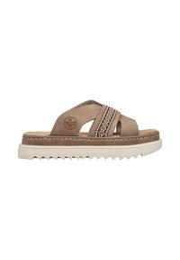 Brown suede slide sandals with two wide straps, featuring textured accents and a contrasting white zigzag sole for added grip.