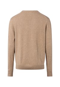 Beige gebreide trui met lange mouwen, ronde hals en geribde zoom. Gladde textuur met subtiel horizontaal patroon, gezien vanuit de achterkant.