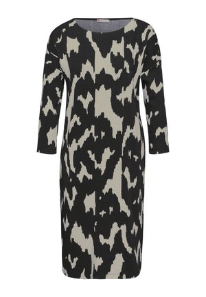 Vestido de patrón negro y crema con mangas tres cuartos, escote redondo y corte recto. Fabricado con una tela suave con una apariencia texturizada.