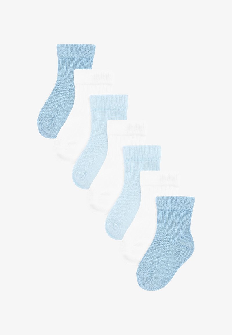 Sæt af syv par sokker i forskellige nuancer af blå og hvid. Ribbet tekstur; ankelhøjde design med kontrastfarvede manchetter. Holdbart stof.