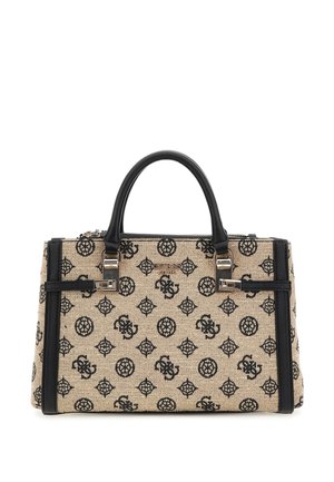 Handtas met een beige en zwart patroon, zwarte handvatten, rechthoekige vorm, gouden details en Guess-logo middenvoor.