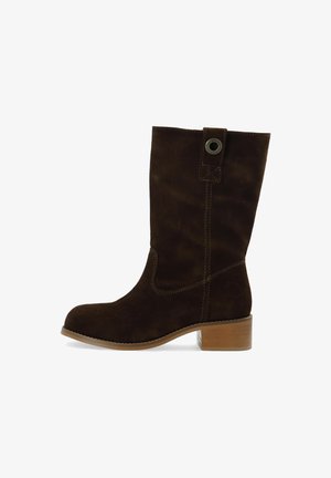 Brūni zīda potītes zābaki ar apaļu purngali, zemu kausēto papēdi un izšūšanas detaļām. Iezīmē sānu cilpu ar metāla aci, kas nodrošina ērtu uzvilkšanu.