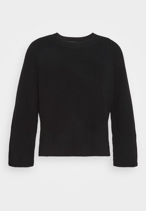 Suéter negro de punto de manga larga con cuello redondo y puños y dobladillo acanalados, presentado sobre un fondo blanco liso.