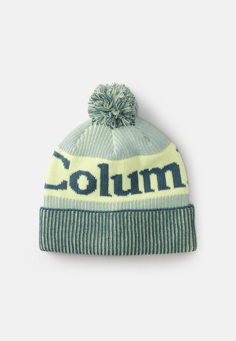 Világos zöld és kék kötött sapka pom-pommal, vízszintes csíkos mintával, amelyen a "Column" felirat jól látható.
