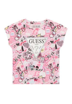 Short-sleeve pink t-shirt featuring a multicolored graphic print, including logos and symbols. Made from organic cotton with a relaxed fit.