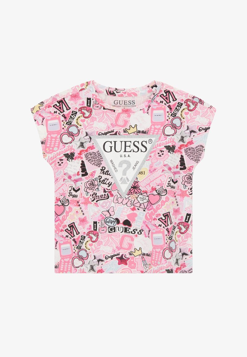 Trumpas rankovės rožinis marškinėliai su daugiaspalviu grafiniu spaudu, įskaitant logotipus ir simbolius. Pagaminti iš organinės medvilnės, su laisvu siluetu.