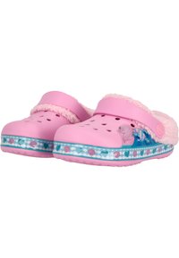 Rosa Clogs mit einem flauschigen Innenfutter, runden Ausschnitten und einem dekorativen Band mit Muschel- und Meerjungfrauen-Muster.