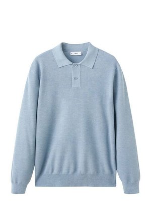 Svetlomodrý pletený polokošeľa so zapínaním na dva gombíky, golierom a dlhými rukávmi. Má textúrovaný vzor a rebrovaný lem a manžety.