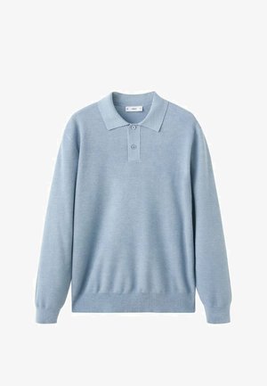 Svetlomodrý pletený polokošeľa so zapínaním na dva gombíky, golierom a dlhými rukávmi. Má textúrovaný vzor a rebrovaný lem a manžety.