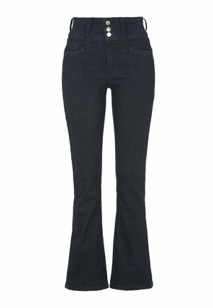 Donkerblauwe flared jeans van denim. Hoge taille met drie knopen aan de voorkant, twee voorzakken en een nette zoom.