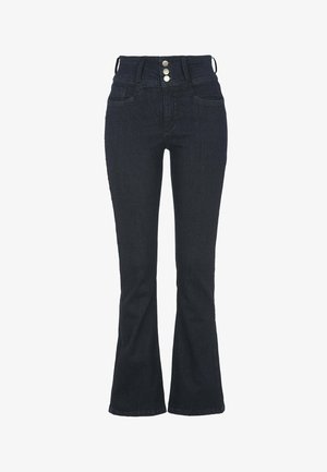 Mörkblå utsvängda jeans i denim. Högmidjad design med tre knappar framtill, två framfickor och en ren fåll.