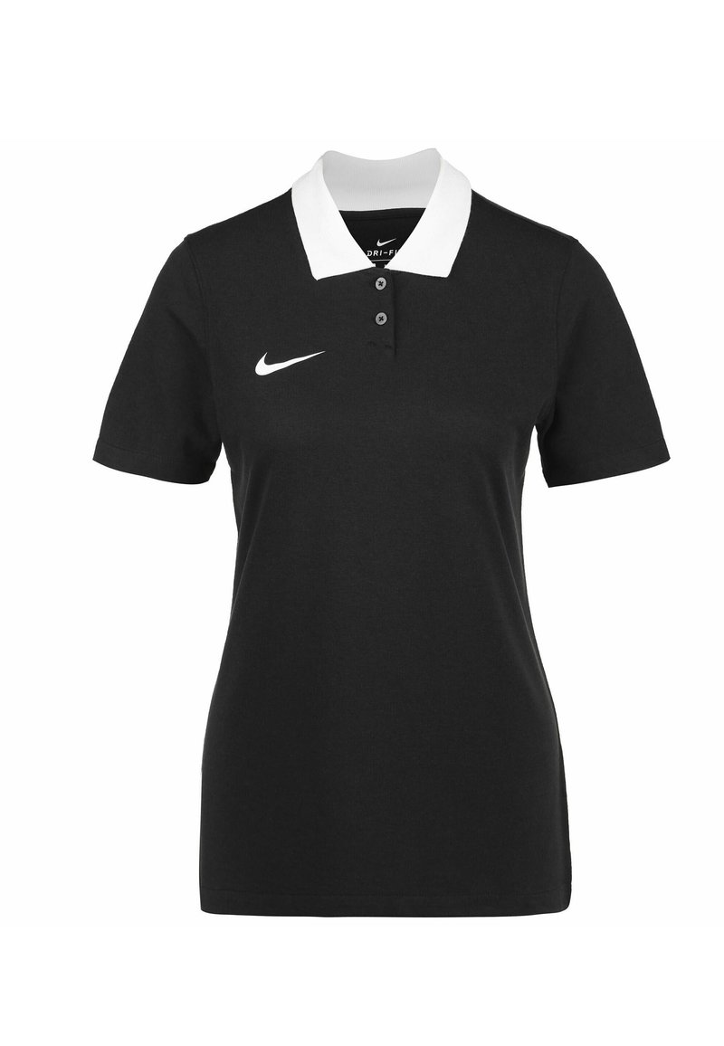 Polo noir en coton avec un col blanc, une patte de boutonnage à trois boutons et un logo Nike blanc sur la zone gauche de la poitrine.