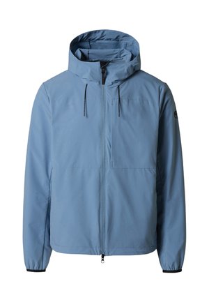 Giacca con cappuccio azzurro chiaro, con zip frontale, coulisse regolabili sul cappuccio e polsini elastici sulle maniche.