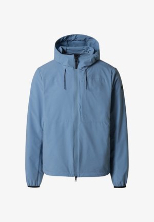 Light blue hooded jacket with front zipper, adjustable drawstrings on the hood, and elastic cuffs on the sleeves.