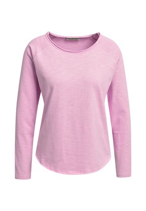 Hellrosa langärmliges Hemd mit rundem Ausschnitt und leicht geschwungenem Saum, hergestellt aus weichem Stoff.