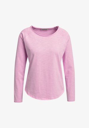 Hellrosa langärmliges Hemd mit rundem Ausschnitt und leicht geschwungenem Saum, hergestellt aus weichem Stoff.