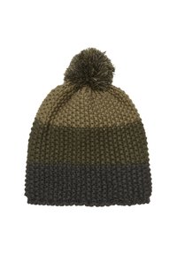 Stickad mössa med en pom-pom på toppen, i en gradient från grön till mörkgrå nyanser, och med ett texturerat, tjockt vävmönster.