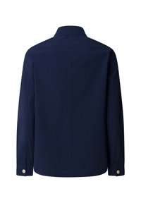 Chemise bleu marine à manches longues avec un col droit et des poignets boutonnés, vue de dos sur fond blanc.