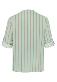 Short-sleeve shirt in light green fabric with vertical stripes in pale purple, featuring rolled cuffs and a relaxed fit design.
