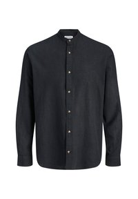 Black long-sleeve men's shirt with stand collar and front button closure, featuring seven wooden buttons.