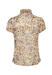 Kurze Bluse aus leichtem, durchsichtigem Stoff mit Rüschensaum am Hals. Sie hat einen beigen Hintergrund mit braunen und blauen Punkte-Mustern.
