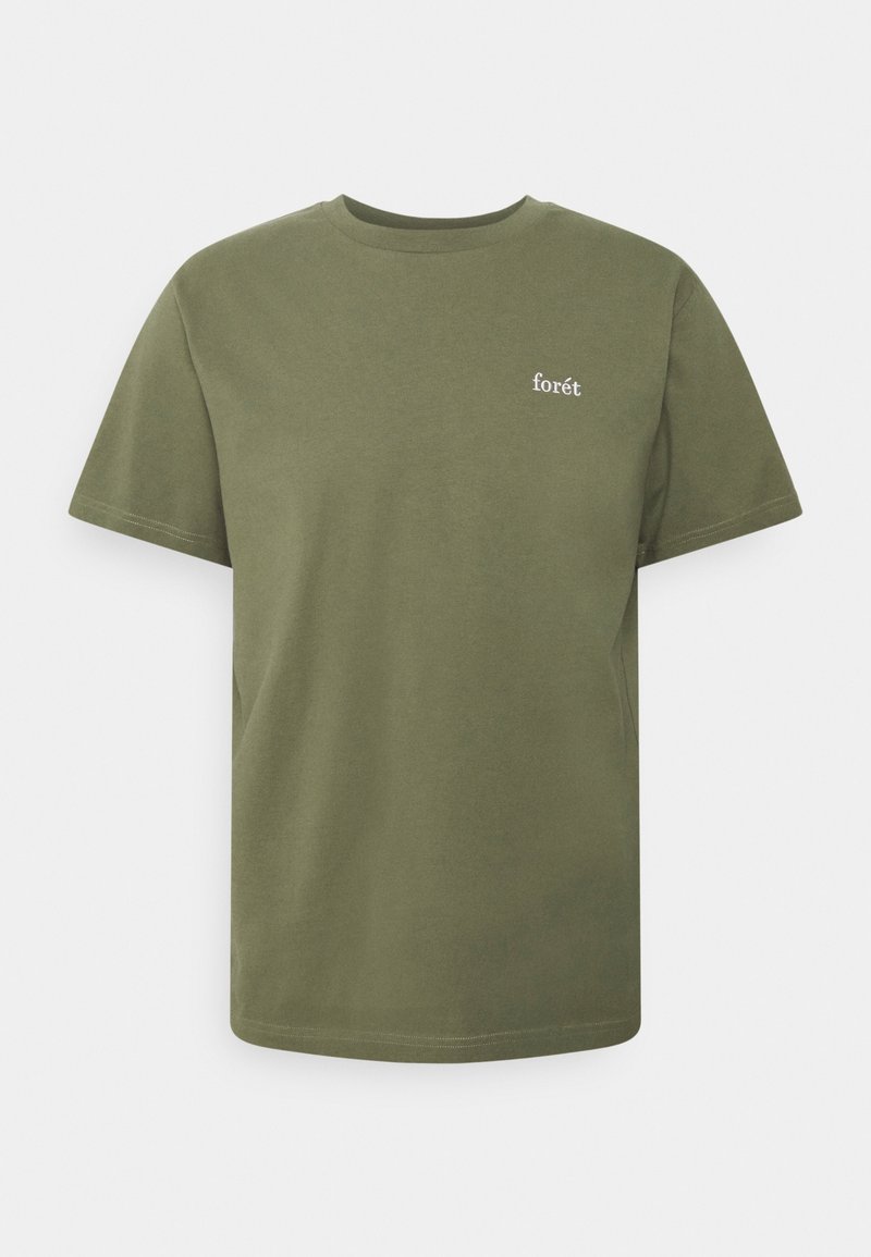 Oliivinvihreä puuvillainen t-paita, jossa on lyhyet hihat, pyöreä pääntie ja valkoinen "forét"-logo vasemmassa rintakehän alueella. Sileä pinta, tavallinen istuvuus.