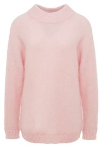 Ljusrosa tröja gjord av mjukt, fluffigt material. Har en hög halsringning, långa ärmar och ribbade mudd och kant för ökad textur.