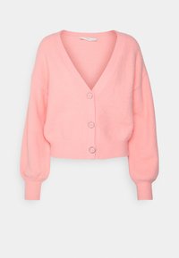 Rosa, kurze Strickjacke aus weichem Maschenmaterial. Verfügt über einen tiefen V-Ausschnitt, drei Knöpfe und Ballonärmel mit eng anliegenden Bündchen.