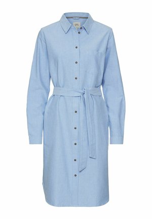 Himmelblaues Hemdkleid aus Baumwolle mit langen Ärmeln, Knopfleiste, Kragen, einer Brusttasche und einem passenden Stoffgürtel in der Taille.