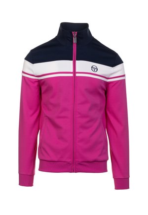 Giacca da track con zip in rosa con colletto blu navy. Presenta strisce bianche sul petto e un logo sul lato sinistro. Tessuto morbido e leggero.