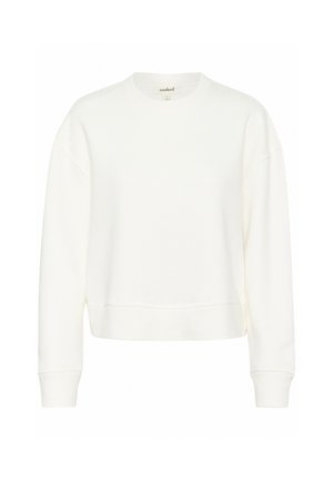 Afskåret hvid sweatshirt med rund halsudskæring, lange ærmer, ribbede manchetter og nederkant, lavet af blødt stof med en glat tekstur.