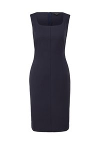 Marineblaues ärmelloses Kleid mit quadratischem Ausschnitt, figurbetontem Schnitt und Nahtdetails. Hergestellt aus einem glatten, strukturierten Stoff.