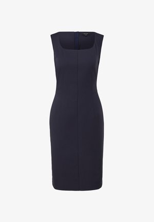 Marineblaues ärmelloses Kleid mit quadratischem Ausschnitt, figurbetontem Schnitt und Nahtdetails. Hergestellt aus einem glatten, strukturierten Stoff.