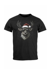 Black T-shirt featuring a graphic of a deer wearing sunglasses and a Santa hat, with white snowflakes scattered in the background.
