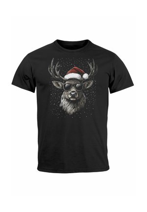 Black T-shirt featuring a graphic of a deer wearing sunglasses and a Santa hat, with white snowflakes scattered in the background.