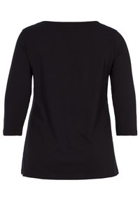 Black, lightweight long-sleeve tunic, featuring a round neckline and an A-line shape with side slits for ease of movement. Smooth texture.