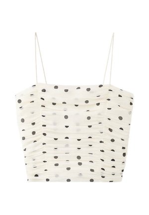 Top corto blanco fruncido con tirantes finos y patrón de lunares negros distribuido uniformemente por toda la tela.
