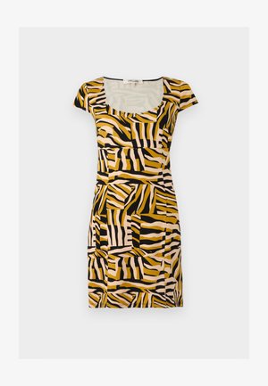 Φόρεμα με κοντά μανίκια και στρογγυλή λαιμόκοψη με αφηρημένο ζέβρα μοτίβο σε μαύρο, μουσταρδί κίτρινο και μπεζ χρώμα σε εφαρμοστή σιλουέτα.