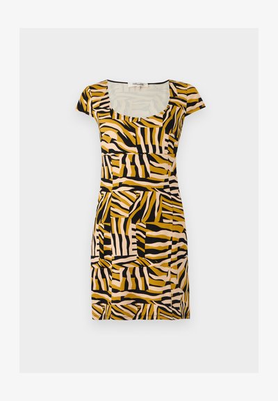 Φόρεμα με κοντά μανίκια και στρογγυλή λαιμόκοψη με αφηρημένο ζέβρα μοτίβο σε μαύρο, μουσταρδί κίτρινο και μπεζ χρώμα σε εφαρμοστή σιλουέτα.