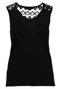 Svart ärmlös topp med spetsaxlar och ett vitt geometriskt mönstrat foder som syns vid halsringningen.