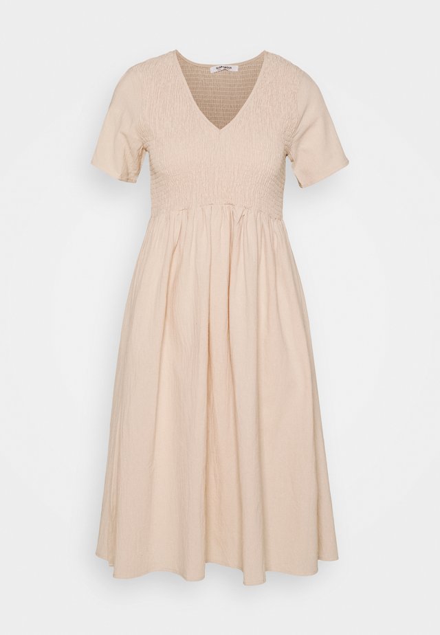SMOCKED MIDI DRESSES WITH SHORT SLEEVES LOW V NECK - Sukienka letnia - stone