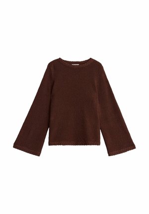 Bruine gebreide trui met lange mouwen, licht uitlopende mouwen en gevlochten afwerking rond de halslijn, manchetten en zoom.