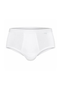 Weiße Baumwollunterwäsche mit glatter Textur und schlichtem Design. Mit einem klassischen Bund und einem konturierten Vorderbereich für Unterstützung.