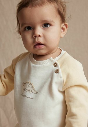 Creme- und gelbes Baby-Sweatshirt mit Dinosaurierdruck, Knöpfen an der Schulter, weicher Textur, Rundhals und langen Ärmeln.