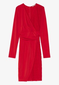 Robe enveloppante rouge à manches longues, en jersey doux. Un côté présente des détails en dentelle florale. Silhouette ajustée, longueur genoux.
