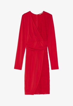 Red wrap dress with long sleeves, featuring a soft jersey material. One side has floral lace detailing. Knee-length, fitted silhouette.