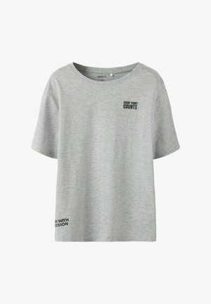 Graues kurzärmeliges T-Shirt aus Baumwolle mit schwarzem Aufdruck "EVERY POINT COUNTS" und "PLAY WITH PASSION" auf der Vorderseite. Rundhalsausschnitt.