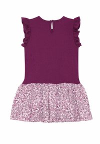 Vijolična obleka z nabranimi rokavi, enotnim korpusom in vzorčasto krilo, ki ima rožnate in bele geometrijske oblike. Zapiranje na gumbe na hrbtu.